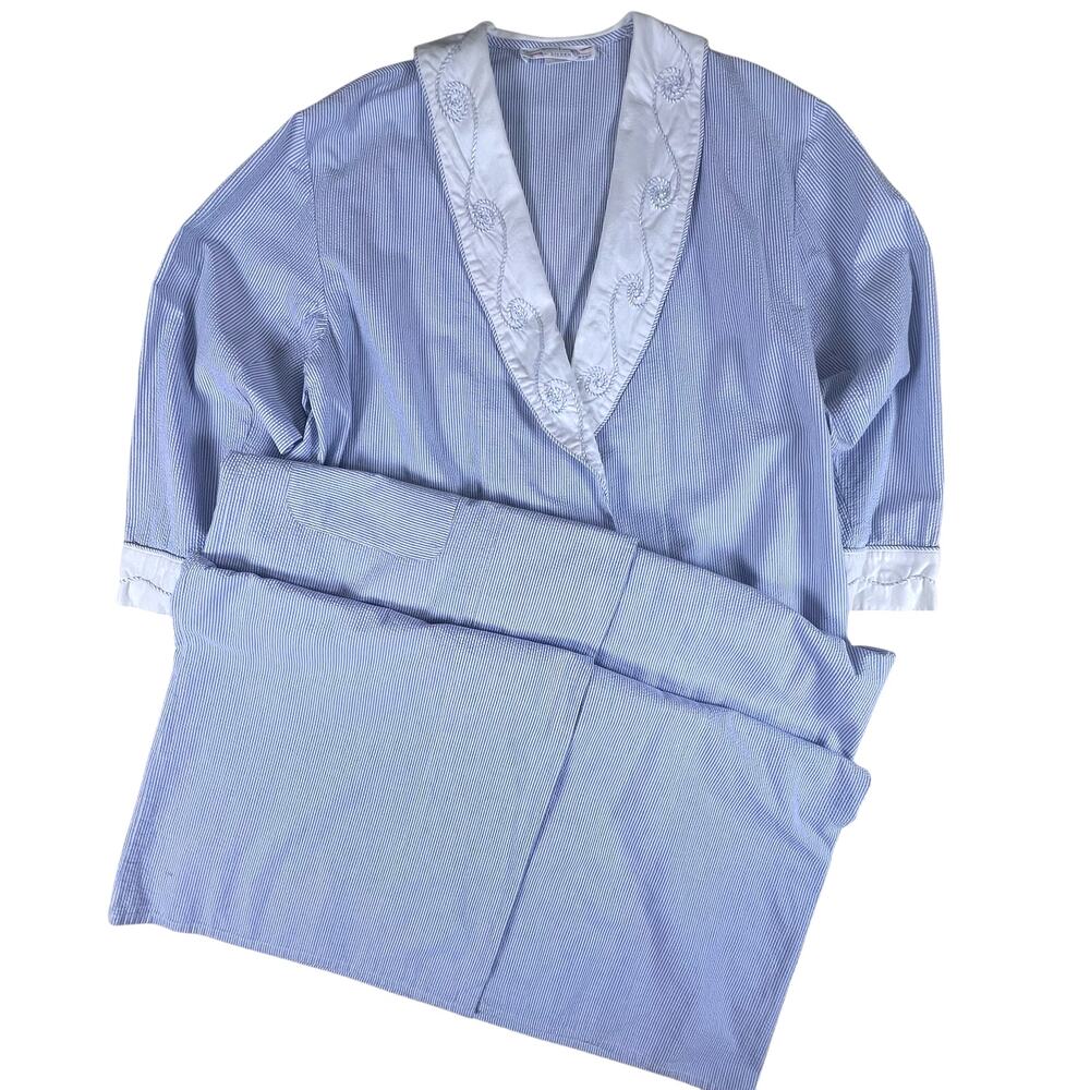 Vintage Eileen West Cotton Robe S Blue Seersucker Lace Trim Housecoat USA Made